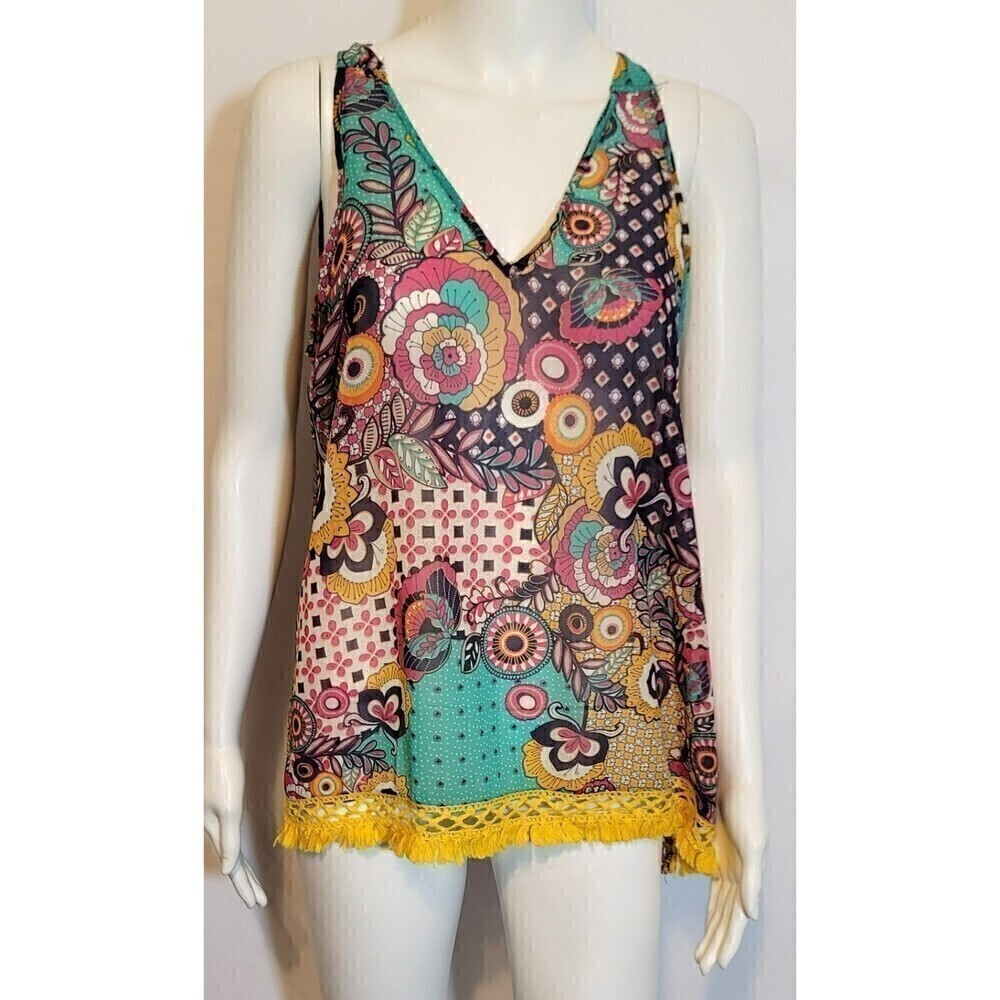 Umgee Floral Bohemian Crochet High Low Tank Top - Size L